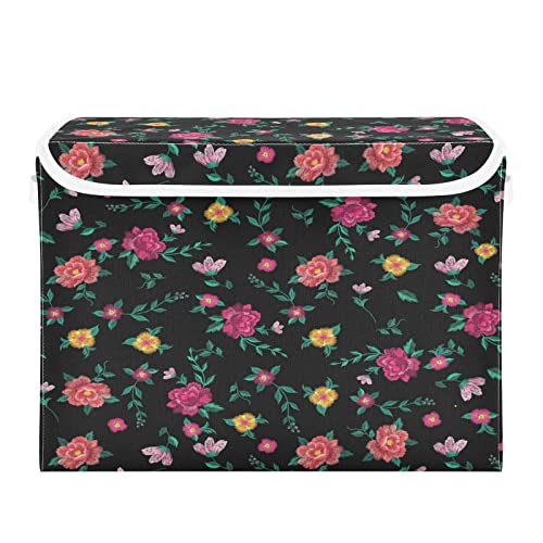 Kigai Vintage Colorful Roses Flower Storage Basket with Lid Collapsible Storage Bin Fabric Box Closet Organizer for Home Bedroom Office 1 Pack