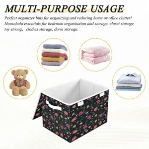 Kigai Vintage Colorful Roses Flower Storage Basket with Lid Collapsible Storage Bin Fabric Box Closet Organizer for Home Bedroom Office 1 Pack