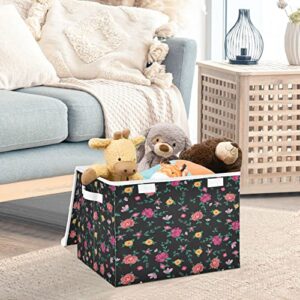 Kigai Vintage Colorful Roses Flower Storage Basket with Lid Collapsible Storage Bin Fabric Box Closet Organizer for Home Bedroom Office 1 Pack