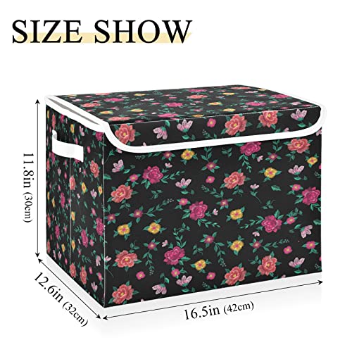 Kigai Vintage Colorful Roses Flower Storage Basket with Lid Collapsible Storage Bin Fabric Box Closet Organizer for Home Bedroom Office 1 Pack