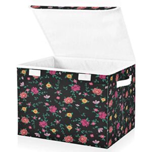 Kigai Vintage Colorful Roses Flower Storage Basket with Lid Collapsible Storage Bin Fabric Box Closet Organizer for Home Bedroom Office 1 Pack