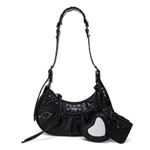 shoulder bags for women, crocodile effect retro faux leather classic clutch, pu leather bag purse for travel work (black)