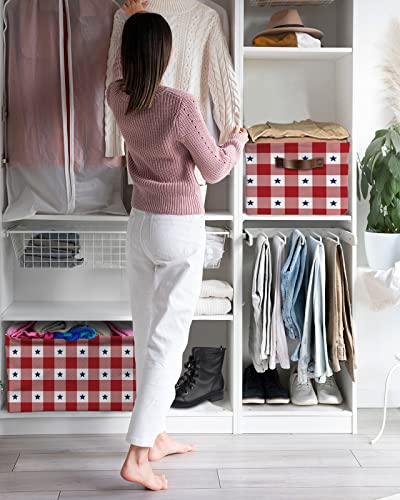 Storage Bins, Independence Day Patriotic Star Plaid Red White Storage Baskets for Organizing Closet Shelves Clothes Decorative Fabric Baskets Large Storage Cubes with Handles