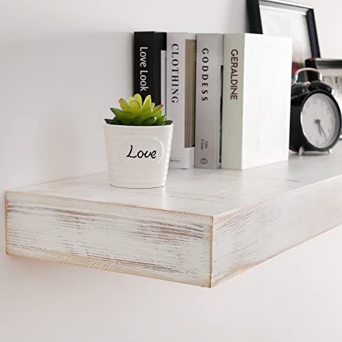 JOLLYMER Washed White Floating Shelves, 10 Inch Deep Wood Wall Shelf for Living Room, Bedroom or Bathroom, Farmhouse Style Home Decor