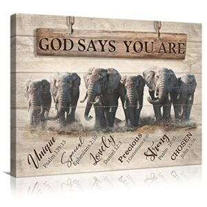 WALLOHERE Rustic Elephant Canvas Wall Art God Says You Are Inspirational Quotes Pictures Decor Farmhouse Bible Verses For Living Room Bedroom Framed Ready To Hang 12x16 Inch …