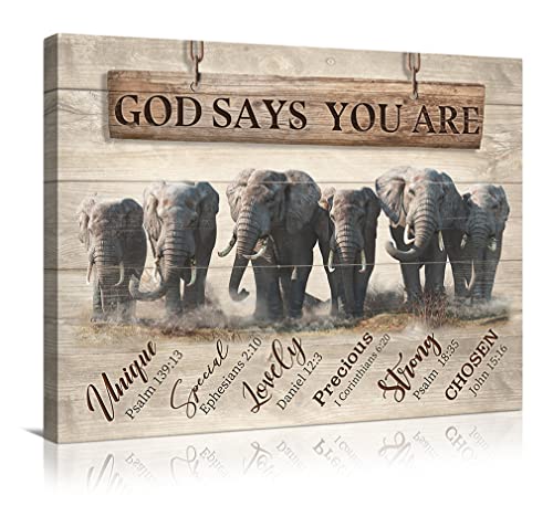 WALLOHERE Rustic Elephant Canvas Wall Art God Says You Are Inspirational Quotes Pictures Decor Farmhouse Bible Verses For Living Room Bedroom Framed Ready To Hang 12x16 Inch …