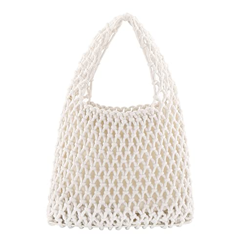 Ayliss Women Mini Clutch Handbag Tote Cotton Crochet Bucket Top-handle Drawstring Beach Woven Fishing Net Pouch Purse (Ivory)