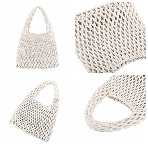 Ayliss Women Mini Clutch Handbag Tote Cotton Crochet Bucket Top-handle Drawstring Beach Woven Fishing Net Pouch Purse (Ivory)