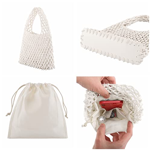 Ayliss Women Mini Clutch Handbag Tote Cotton Crochet Bucket Top-handle Drawstring Beach Woven Fishing Net Pouch Purse (Ivory)