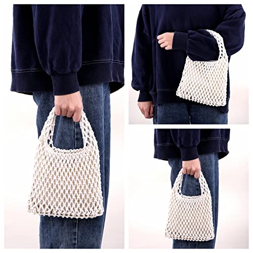 Ayliss Women Mini Clutch Handbag Tote Cotton Crochet Bucket Top-handle Drawstring Beach Woven Fishing Net Pouch Purse (Ivory)