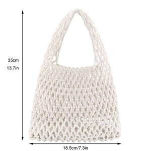 Ayliss Women Mini Clutch Handbag Tote Cotton Crochet Bucket Top-handle Drawstring Beach Woven Fishing Net Pouch Purse (Ivory)