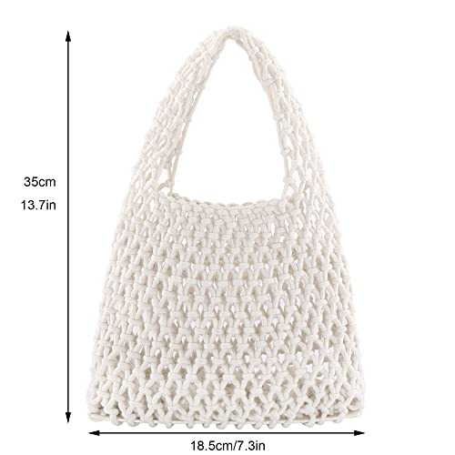 Ayliss Women Mini Clutch Handbag Tote Cotton Crochet Bucket Top-handle Drawstring Beach Woven Fishing Net Pouch Purse (Ivory)