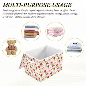 Kigai Pink Strawberry White Flower Storage Basket with Lid Collapsible Storage Bin Fabric Box Closet Organizer for Home Bedroom Office 1 Pack