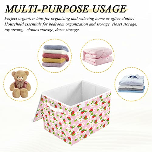 Kigai Pink Strawberry White Flower Storage Basket with Lid Collapsible Storage Bin Fabric Box Closet Organizer for Home Bedroom Office 1 Pack