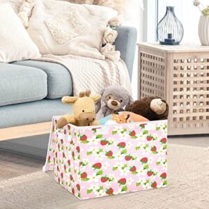 Kigai Pink Strawberry White Flower Storage Basket with Lid Collapsible Storage Bin Fabric Box Closet Organizer for Home Bedroom Office 1 Pack