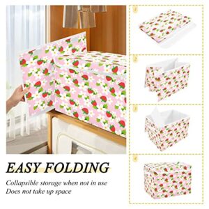 Kigai Pink Strawberry White Flower Storage Basket with Lid Collapsible Storage Bin Fabric Box Closet Organizer for Home Bedroom Office 1 Pack