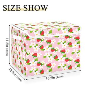 Kigai Pink Strawberry White Flower Storage Basket with Lid Collapsible Storage Bin Fabric Box Closet Organizer for Home Bedroom Office 1 Pack