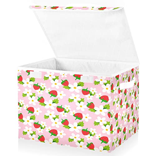 Kigai Pink Strawberry White Flower Storage Basket with Lid Collapsible Storage Bin Fabric Box Closet Organizer for Home Bedroom Office 1 Pack
