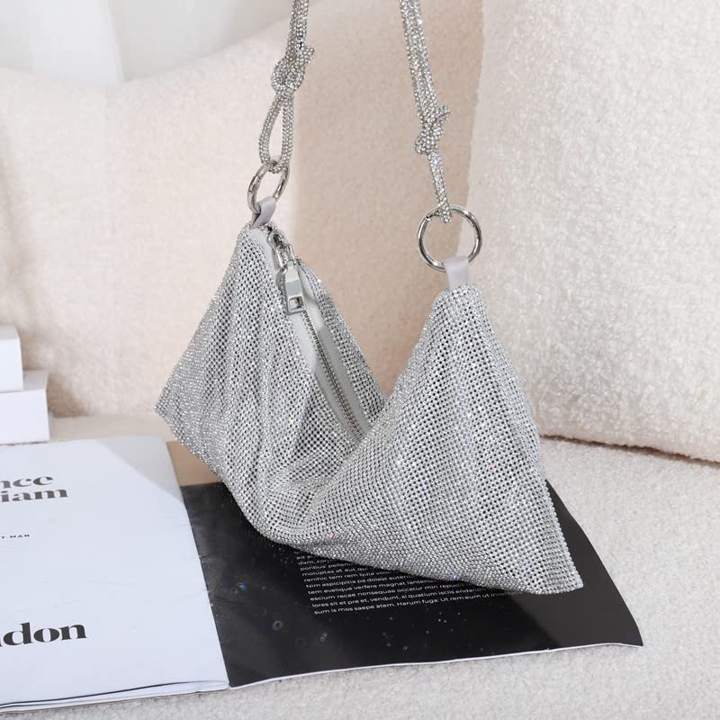 Rhinestone Sparkly Hobo Bag for Women Silver Diamond Purses Evening Prom Rhinestone Handbag Hobo Bag for Travel Vacation