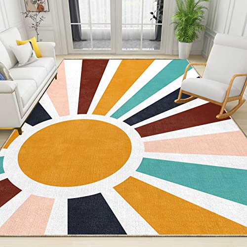 Rugs for Living Room Boho Rainbow Sun Area Rugs Bohemian Decorative Contemporary Floor Carpet Soft Non-Slip Non-Shedding for Living Room Bedroom Decor, 5x8 Feet