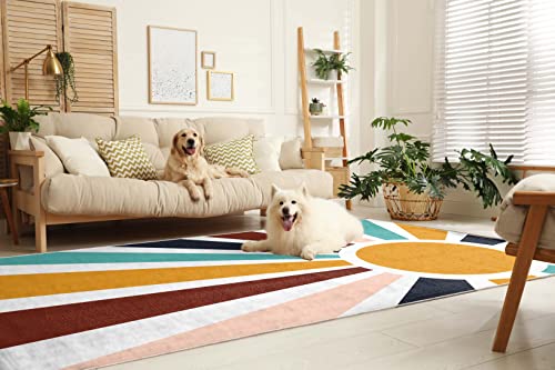 Rugs for Living Room Boho Rainbow Sun Area Rugs Bohemian Decorative Contemporary Floor Carpet Soft Non-Slip Non-Shedding for Living Room Bedroom Decor, 5x8 Feet