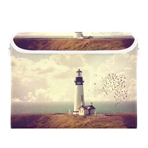 Kigai Old White Lighthouse Storage Basket with Lid Collapsible Storage Bin Fabric Box Closet Organizer for Home Bedroom Office 1 Pack