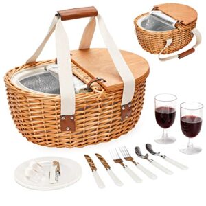 picnic basket set for 2 with insulated cooler bag and cutlery service kits, wooden lids & handles willow picnic hamper basket w/lining for camping, party, wedding, halloween, christmas (white)