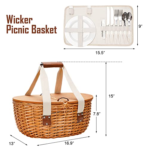 Picnic Basket Set for 2 with Insulated Cooler Bag and Cutlery Service Kits, Wooden Lids & Handles Willow Picnic Hamper Basket W/Lining for Camping, Party, Wedding, Halloween, Christmas (White)