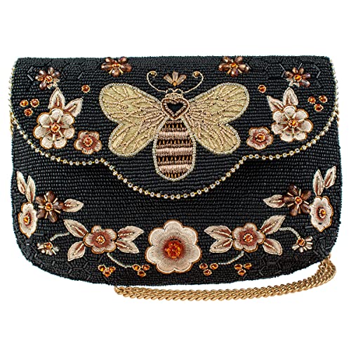 Mary Frances Golden Nectar Beaded Honey Bee Crossbody Clutch Handbag, Black