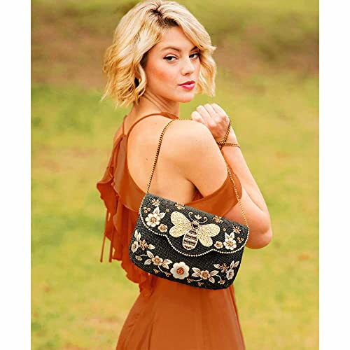 Mary Frances Golden Nectar Beaded Honey Bee Crossbody Clutch Handbag, Black