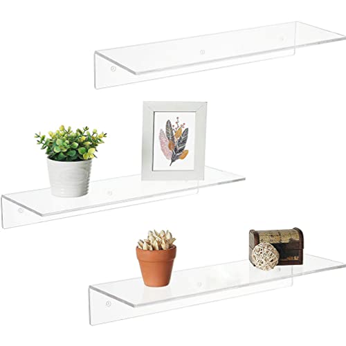 ULTECHNOVO 2Pcs Acrylic Floating Shelves Clear Wall Dispay Shelf Space Saving Wall Bookshelf Invisible Floating Organizer for Living Room Bedroom Home Office Transparent