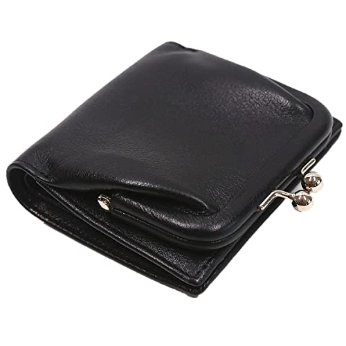 Rfid Blocking Genuine Leather Wallet for Women,Full Grain Leather Bifold Small Ladies Purse,with Kiss Lock Closure Coin Pocket and ID Card Holder,Black Soft Cow Leather,Packed with Gift Box (Black)