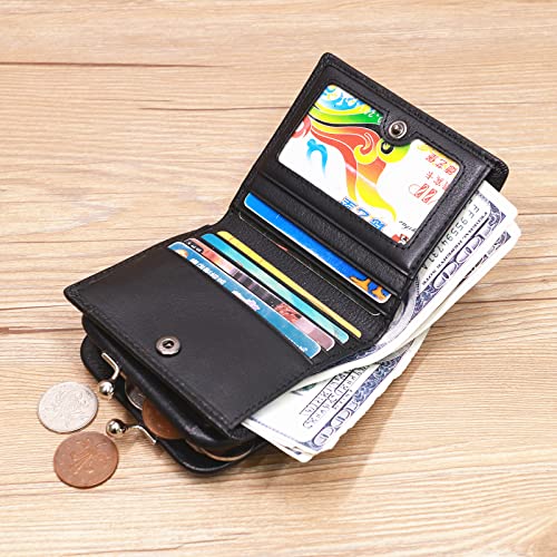 Rfid Blocking Genuine Leather Wallet for Women,Full Grain Leather Bifold Small Ladies Purse,with Kiss Lock Closure Coin Pocket and ID Card Holder,Black Soft Cow Leather,Packed with Gift Box (Black)