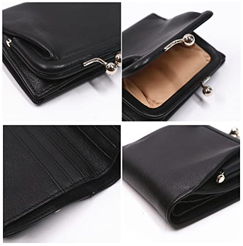 Rfid Blocking Genuine Leather Wallet for Women,Full Grain Leather Bifold Small Ladies Purse,with Kiss Lock Closure Coin Pocket and ID Card Holder,Black Soft Cow Leather,Packed with Gift Box (Black)