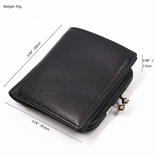 Rfid Blocking Genuine Leather Wallet for Women,Full Grain Leather Bifold Small Ladies Purse,with Kiss Lock Closure Coin Pocket and ID Card Holder,Black Soft Cow Leather,Packed with Gift Box (Black)
