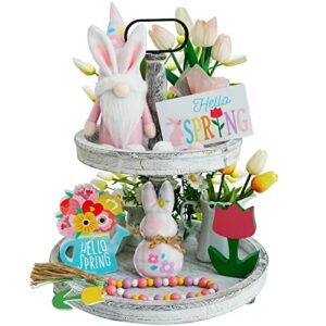 spring easter decorations, 6pcs easter bunny gnome tiered tray decor, plush bunny, easter gnome plush, spring wood signs, flower bead garland, easter farmhouse kitchen table decor