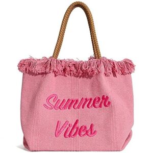 weiiyonn large beach bag tote bag for women summer vibe shoulder bag with tassels aesthetic handbag for vacation holidays (pink)