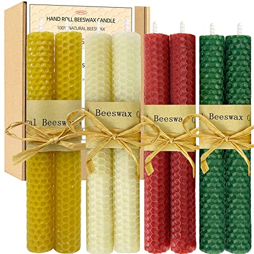 100% Pure Beeswax Taper Candles, 8 Pack 8 Inch Smokeless Dripless Wax Candles, Handmade Beeswax Candle for Home Gift Ideas, Chrismas Candles, Halloween Candles for Decoration (Classical-4 Pair)