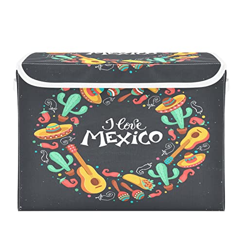 Kigai Mexico Pattern Storage Basket with Lid Collapsible Storage Bin Fabric Box Closet Organizer for Home Bedroom Office 1 Pack