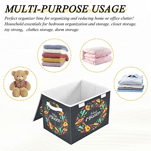 Kigai Mexico Pattern Storage Basket with Lid Collapsible Storage Bin Fabric Box Closet Organizer for Home Bedroom Office 1 Pack