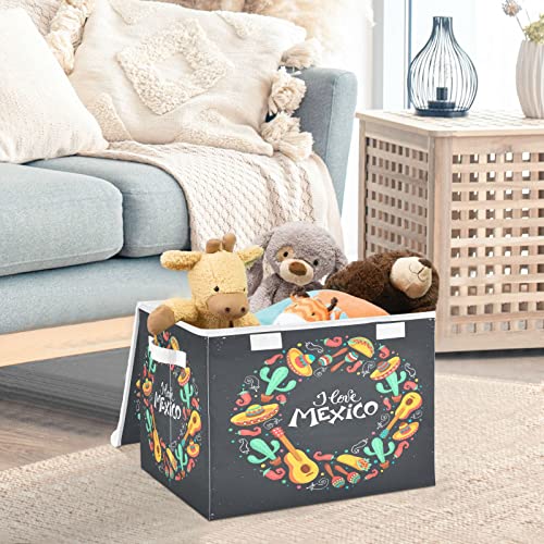 Kigai Mexico Pattern Storage Basket with Lid Collapsible Storage Bin Fabric Box Closet Organizer for Home Bedroom Office 1 Pack