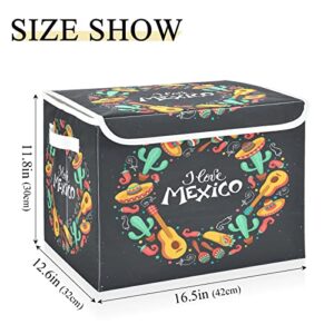 Kigai Mexico Pattern Storage Basket with Lid Collapsible Storage Bin Fabric Box Closet Organizer for Home Bedroom Office 1 Pack