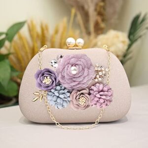 Evening Bag for Women Sparkly Flowers Beads Clutch Bags Elegant Clutch Bag for Wedding Party Prom (Champagne)