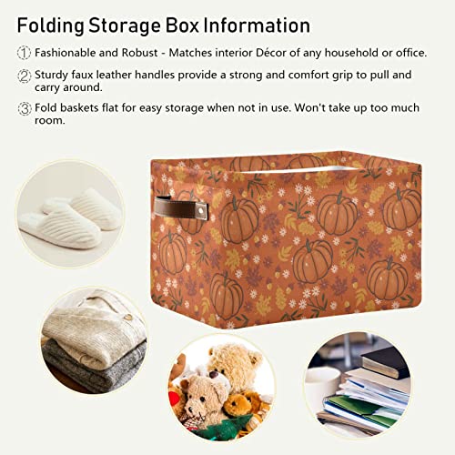 xigua Flowers Autumn Leaves and Pumpkins Foldable Canvas Storage Bin, Sturdy Fabric Storage Basket with Handles, Storage Cube Box for Organizing Shelf Nursery Toy Closet 2PCS