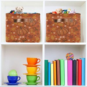 xigua Flowers Autumn Leaves and Pumpkins Foldable Canvas Storage Bin, Sturdy Fabric Storage Basket with Handles, Storage Cube Box for Organizing Shelf Nursery Toy Closet 2PCS