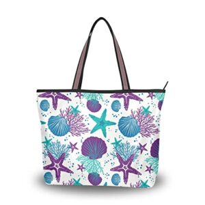 zenwawa starfish seashell tote bag zipper large capacity women grocery bag purse shoulder bag 2 sizes