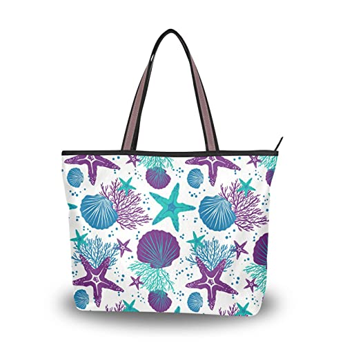 ZENWAWA Starfish Seashell Tote Bag Zipper Large Capacity Women Grocery Bag Purse Shoulder Bag 2 Sizes