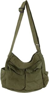 canvas messenger bag, aesthetic messenger bag large crossbody bag with multiple pockets canvas shoulder tote bag unisex(army green)