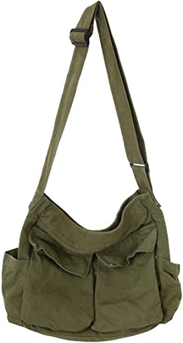 Canvas Messenger Bag, Aesthetic Messenger Bag Large Crossbody Bag with Multiple Pockets Canvas Shoulder Tote Bag Unisex(Army Green)