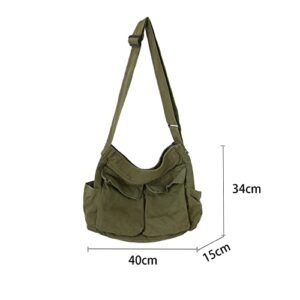 Canvas Messenger Bag, Aesthetic Messenger Bag Large Crossbody Bag with Multiple Pockets Canvas Shoulder Tote Bag Unisex(Army Green)